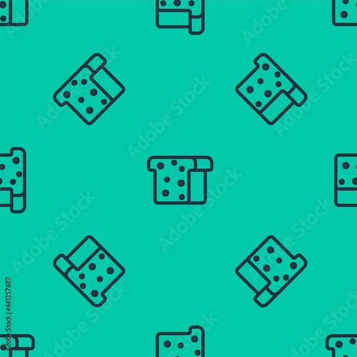 Blue line Bread toast for sandwich piece of roasted crouton icon isolated seamless pattern on green background. Lunch, dinner, breakfast snack. Vector