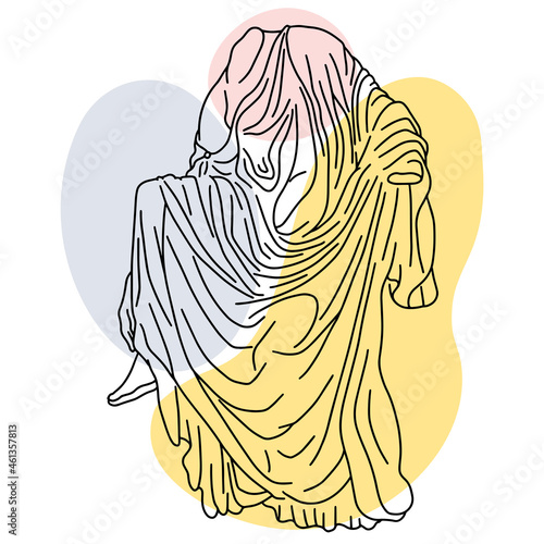 Vector illustration of antique statue of the goddess of victory Nika. Line drawing of ancient greek sculpture with color spots background.
