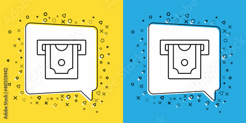 Set line ATM - Automated teller machine and money icon isolated on yellow and blue background. Vector