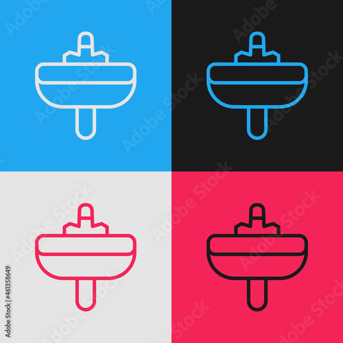 Pop art line Washbasin with water tap icon isolated on color background. Vector