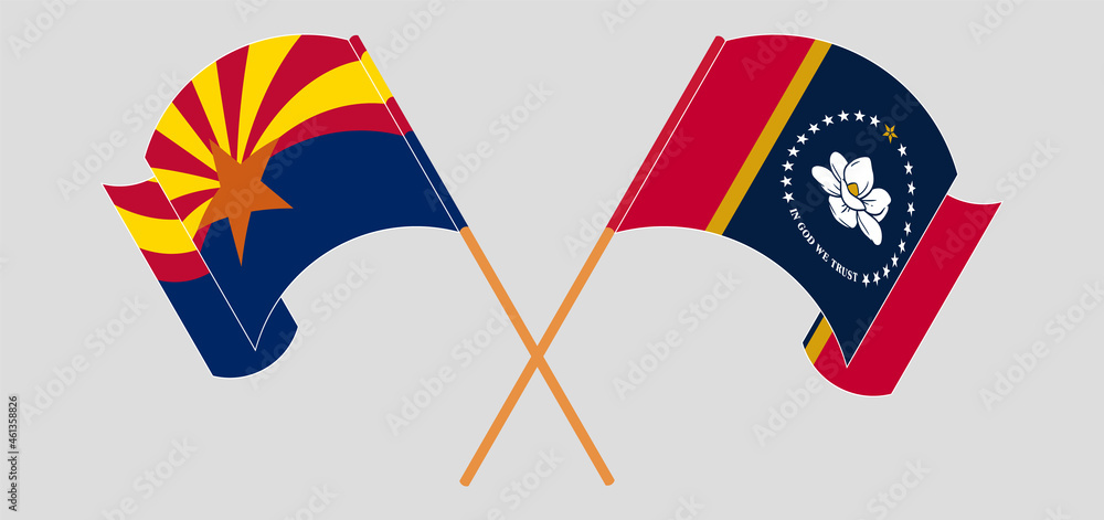 Crossed and waving flags of the State of Arizona and the State of Mississippi Crossed and waving flags of the State of Arizona and the State of Mississippi