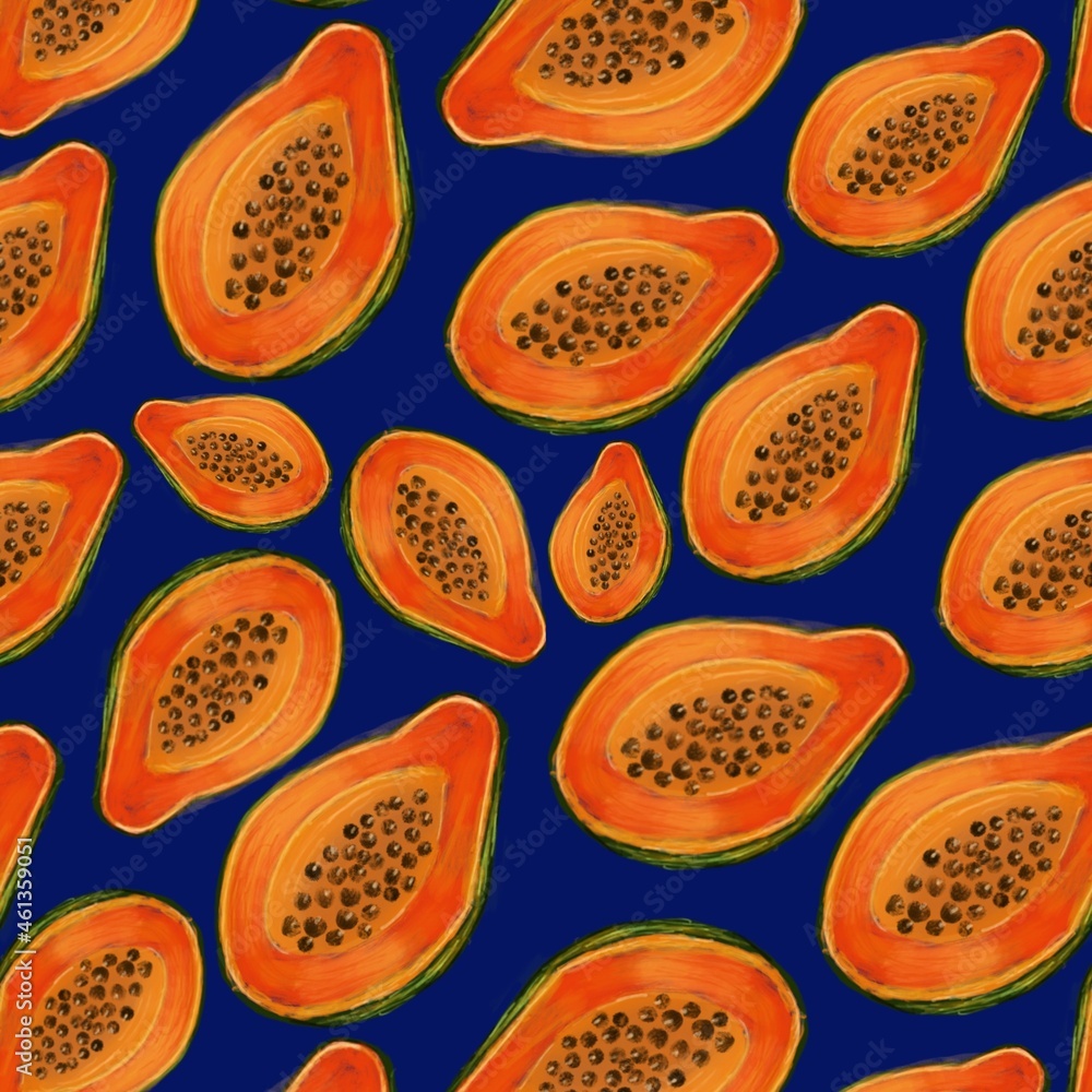 Watercolour, digital papaya fruits seamless pattern isolated on blue background. Concept for wallpaper, print, cards Watercolour, digital papaya fruits seamless pattern isolated on blue background. Concept for wallpaper, print, cards