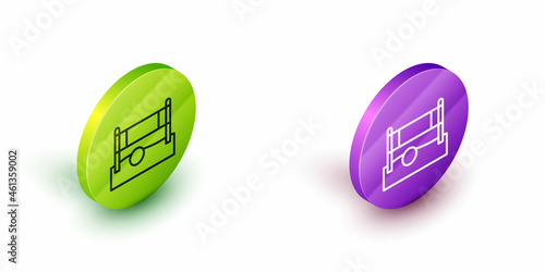 Isometric line Volleyball net with ball icon isolated on white background. Green and purple circle buttons. Vector