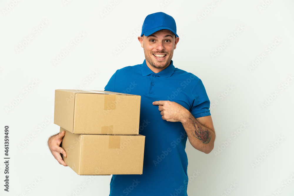 Delivery caucasian man isolated on white background with surprise facial expression Delivery caucasian man isolated on white background with surprise facial expression
