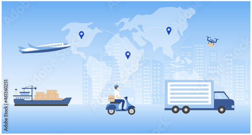 Global delivery technology concept. Business logistics, online delivery  by truck, drone, plane, motorbike vector illustration