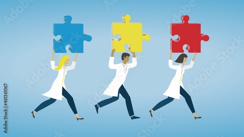 Scientist, doctors, health care people running with puzzle pieces. Dimension 16:9. EPS10.