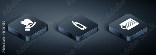 Set Isometric Tooth, Dentures model and Tube of toothpaste icon. Vector