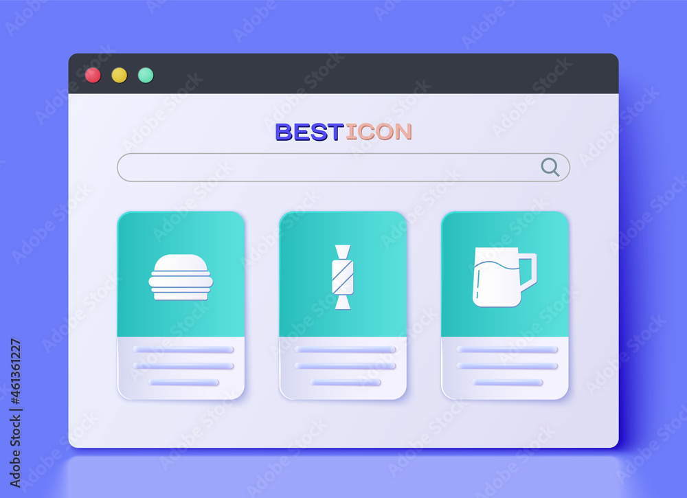 Set Candy, Burger and Wooden beer mug icon. Vector