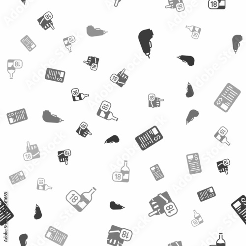 Set Scanner scanning bar code, Cigarettes pack box, Paper or financial check and Wine bottle on seamless pattern. Vector
