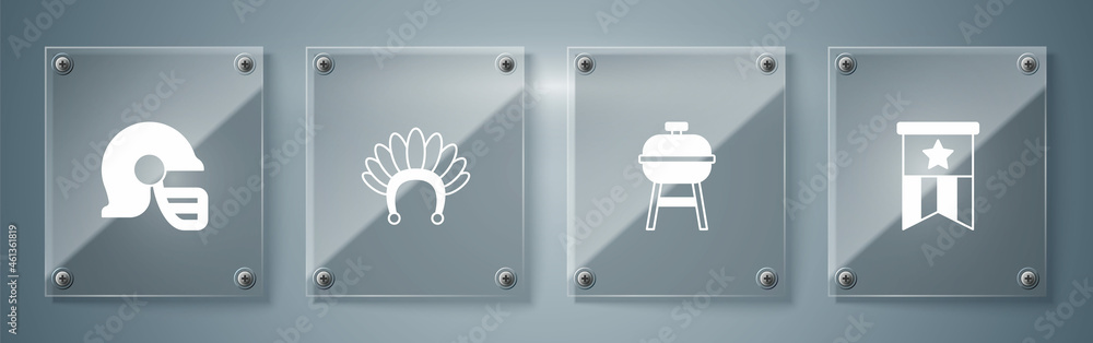 Set American flag, Barbecue grill, Indian headdress with feathers and football helmet. Square glass panels. Vector Set American flag, Barbecue grill, Indian headdress with feathers and football helmet. Square glass panels. Vector