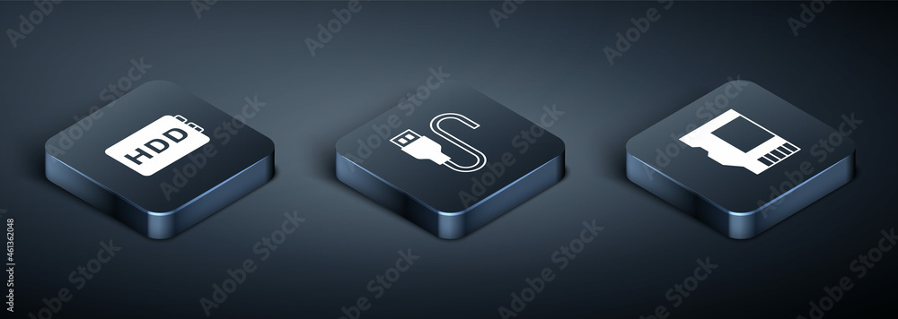 Set Isometric Hard disk drive HDD, SD card and USB cable cord icon. Vector Set Isometric Hard disk drive HDD, SD card and USB cable cord icon. Vector