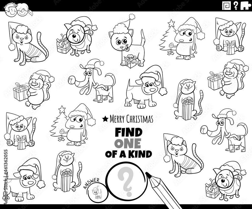 one of a kind task with pets on Christmas coloring book page
