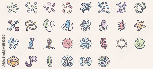 Bacteria and viruses color vector doodle simple icon big set