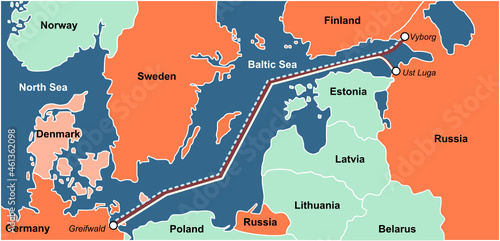 Map of natural gas transportation from Russia to Germany via the Nord Stream