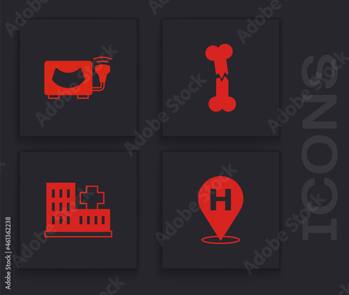 Set Location hospital, Ultrasound, Human broken bone and Hospital building icon. Vector