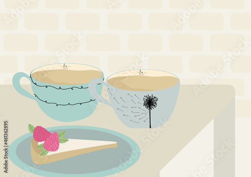 Ilustación vectorial conjunto de una porción de tarta o torta con frutillas en tonos rosados y diferentes tazas de colores celestes y grises con diseños personales 
