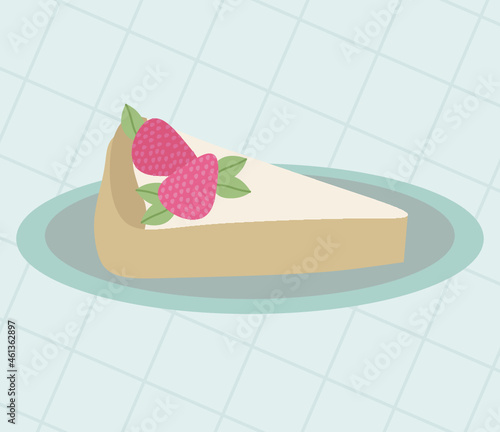 Ilustación vectorial de una porción de tarta o torta con frutillas en tonos rosados 