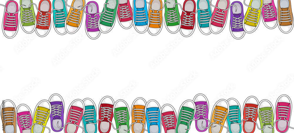 Sports shoe background, Sneakers pattern, school cartoon fitness border.  Top view. Space for your text. Vector illustration Stock Vector | Adobe  Stock