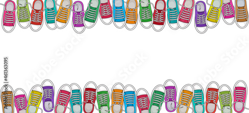 Sports shoe background, Sneakers pattern, school cartoon fitness border. Top view. Space for your text. Vector illustration