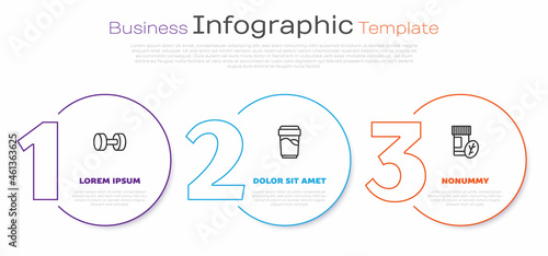 Set line Dumbbell, Glass with water and Vitamin pill. Business infographic template. Vector