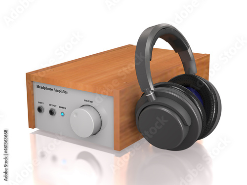 High quality modern amplifier and headphones (3d illustration).