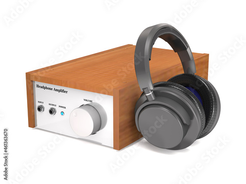 High quality modern amplifier and headphones (3d illustration).