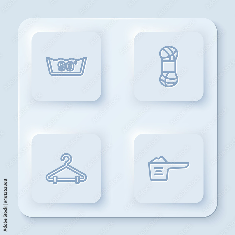 Set line Temperature wash, Yarn, Hanger wardrobe and Washing powder. White square button. Vector Set line Temperature wash, Yarn, Hanger wardrobe and Washing powder. White square button. Vector