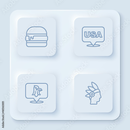Set line Burger, USA Independence day, Eagle and Native American Indian. White square button. Vector