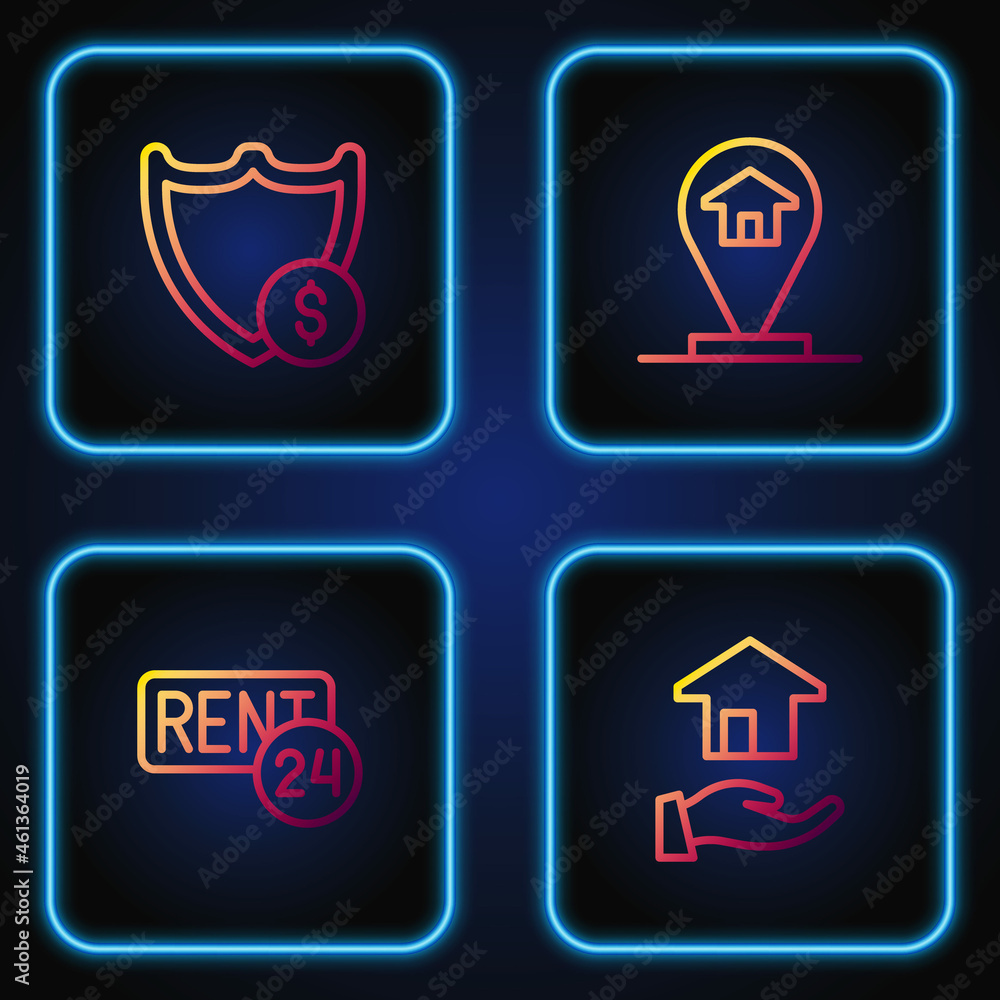 Set line Realtor, Rent, Shield with dollar and Location house. Gradient color icons. Vector Set line Realtor, Rent, Shield with dollar and Location house. Gradient color icons. Vector