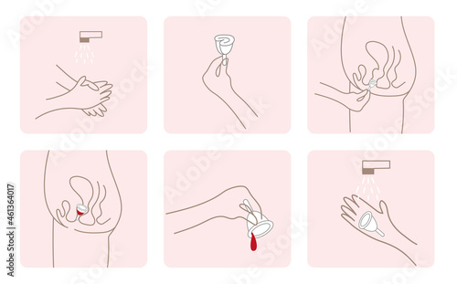 Instruction how to use menstrual cup during period, collage with illustrations. Female reproductive system on white background photo