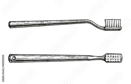 Toothbrush sketch ink. Vector hand-drawn illustration. Vintage style engraving. Top and side view