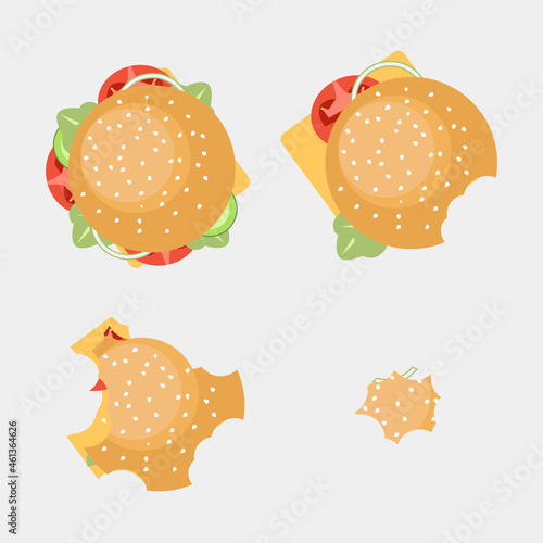 hamburger set, collection of vector and flat eaten hamburger from top, top view