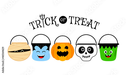 Cute halloween cartoon bucket set. Trick or treat. Collection of cartoon bags for collecting sweets. Vector illustration for children.