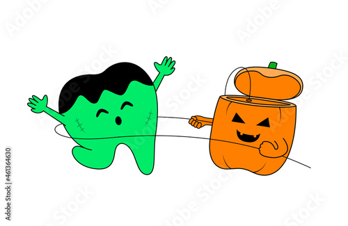 Cute cartoon tooth character using dental floss. Happy halloween day. I love floss, dental care concept. Vector Illustration.
