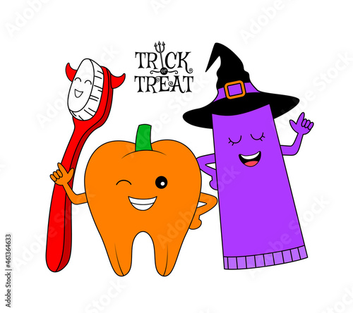 Cute cartoon tooth character with toothbrush and toothpaste in halloween concept. Trick or treat. Dental care concept. Vector illustration.