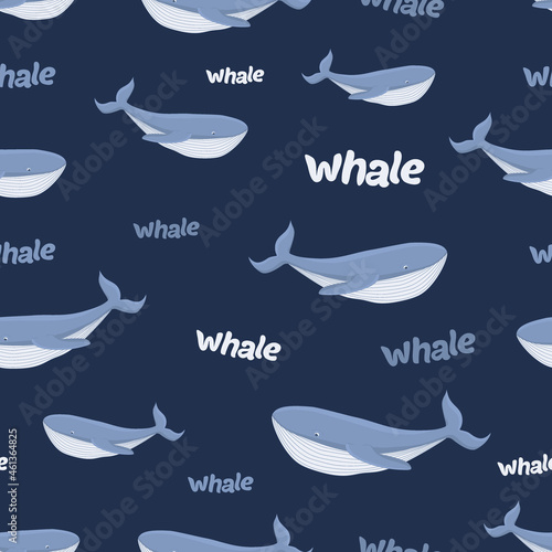 Seamless pattern with whales and lettering. Cute baby background. Vector illustration.