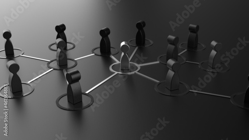 Chain of black human figurines connected by silver lines. Cooperation and interaction between people and employees. Dissemination of information in society, rumors. Social contacts. 3D illustration.