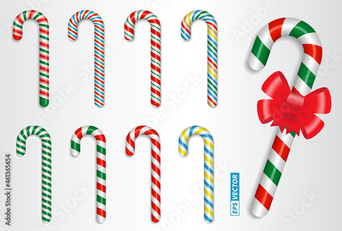 set of realistic candy cane christmas isolated or crossed sweet candy tied with a bow or sweet traditional gift christmas holiday. eps vector