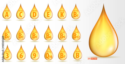 set of realistic vitamin gold oil drop isolated or golden liquid droplet vitamins or omega fatty acid epa dha retinol. eps vector