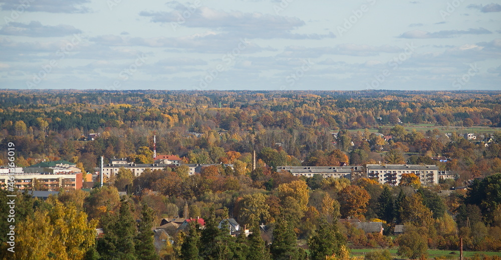 Aerial view of Kuldiga town in sunny autumn day, Latvia.