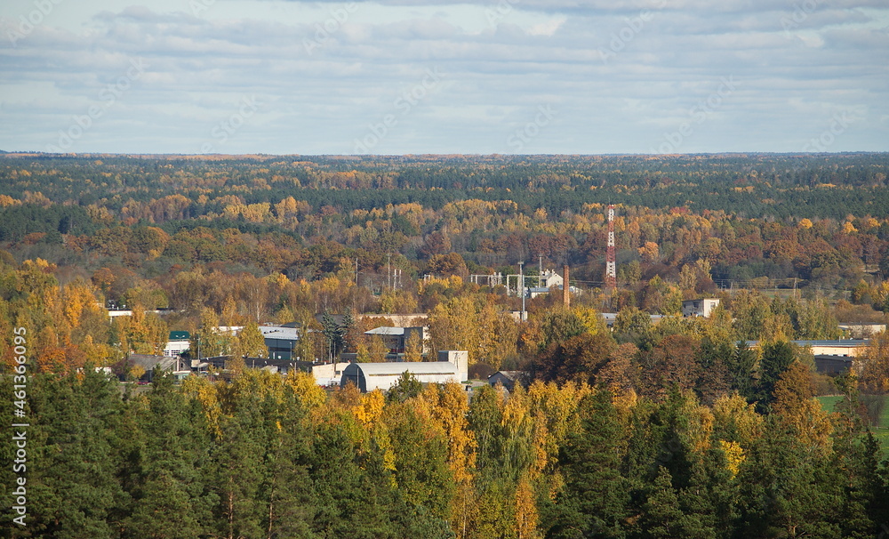 Aerial view of Kuldiga town in sunny autumn day, Latvia.