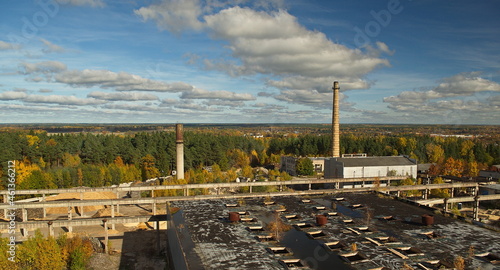 Aerial view of old industrial buildings in autumn day, Kuldiga, Latvia.
