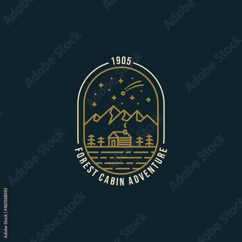 forest cabin adventure with landscape mountain night view line art badge emblem logo design vector