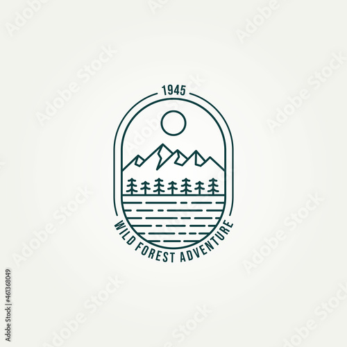 landscape mountain forest adventure wildlife line art badge emblem logo design vector
