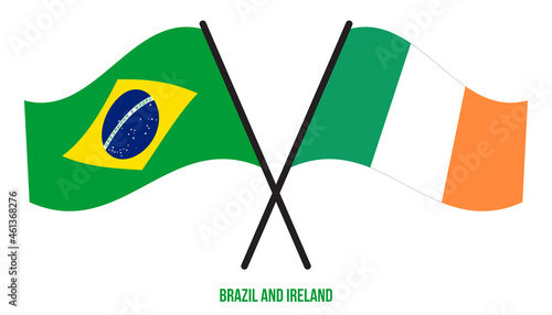 Brazil and Ireland Flags Crossed And Waving Flat Style. Official Proportion. Correct Colors.