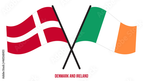 Denmark and Ireland Flags Crossed And Waving Flat Style. Official Proportion. Correct Colors.