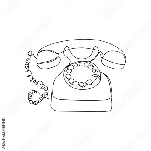 Antique rotary phone continuous line drawing. One line art of home appliance, telephone communication, telephone receiver, call, 20th century.