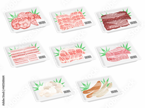 パックに入った焼肉用の肉のイラストセット