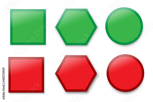 Green and red geometric figures. Hexagon icon. Modern square sign. Colored circle mark. Vector illustration. Stock image.