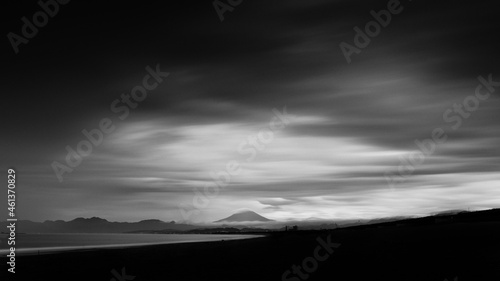 Long exposure monochrome view of the sea and beach in Kugenuma, Kanagawa Prefecture, Japan